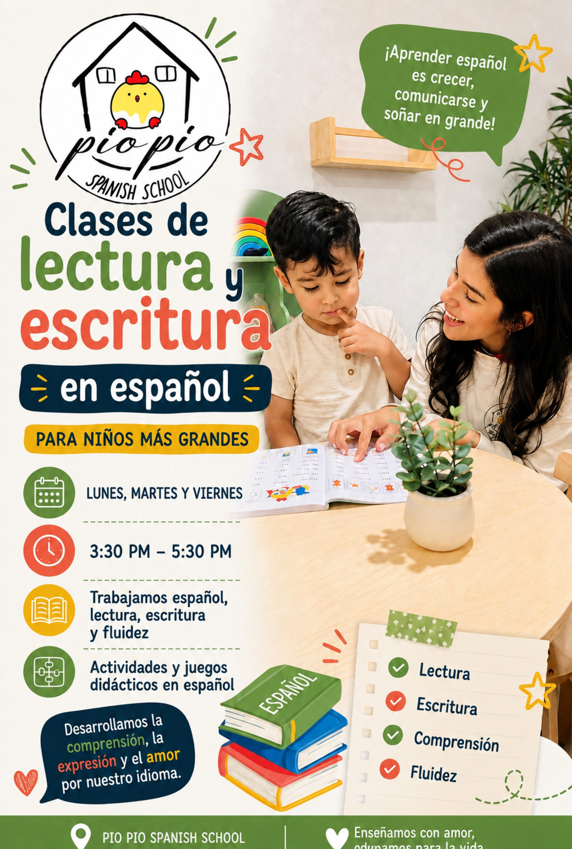 PioPio Spanish reading and writing class banner showing a teacher reading with a child